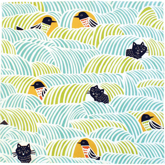 Furoshiki | Bandana M Katzen + Vögel grün, blau