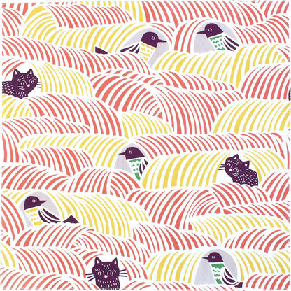 Furoshiki | Bandana M Katzen + Vögel koralle, gelb