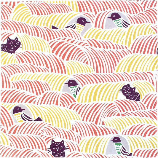 Furoshiki | Bandana M Katzen + Vögel koralle, gelb