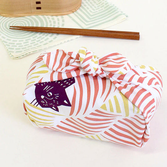 Furoshiki | Bandana M Katzen + Vögel koralle, gelb