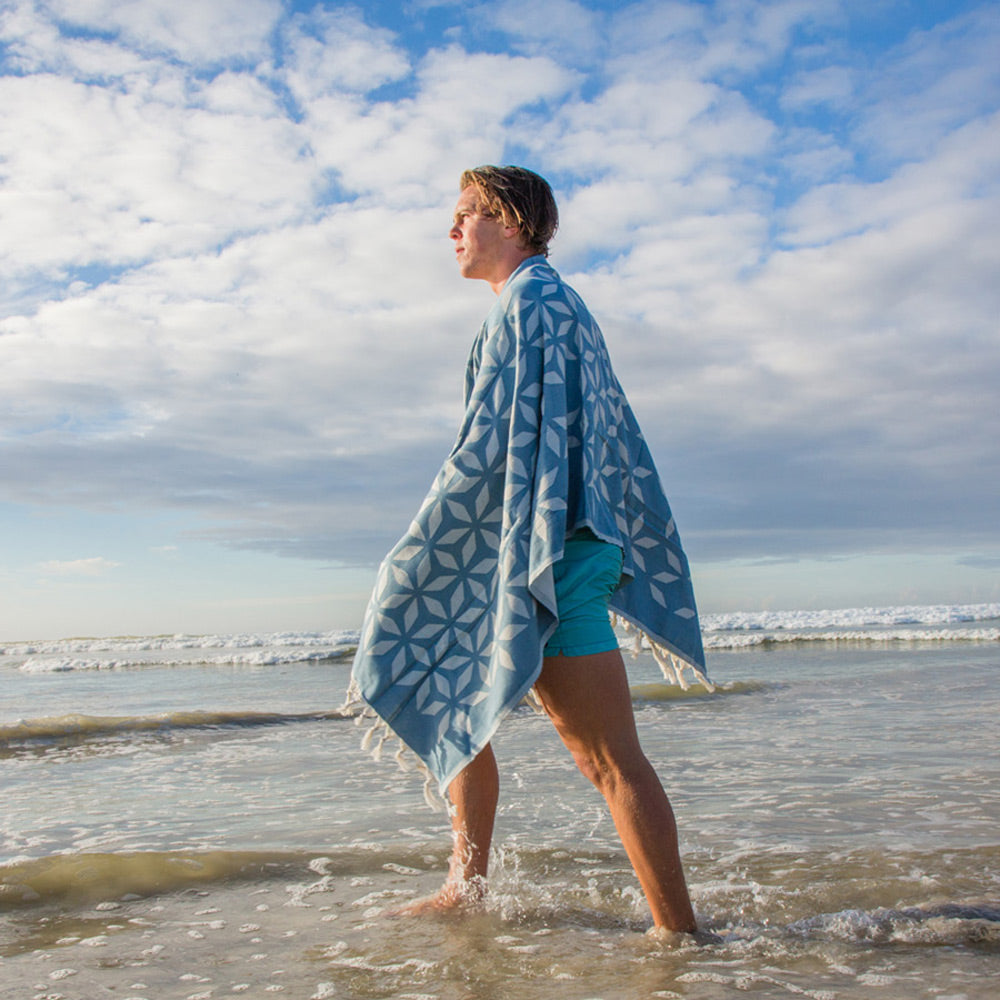 Hamamtuch, Strandtuch Sternenmuster Bio-Baumwolle taubenblau