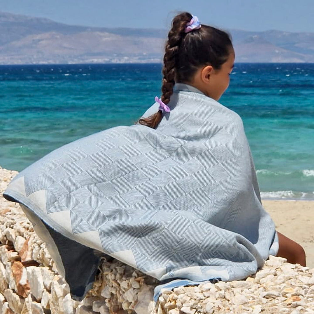 Hamamtuch, Strandtuch Rautenmuster Bio-Baumwolle taubenblau