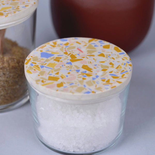 glasdose, zuckerdose, dose mit deckel, dose mit terrazzodeckel