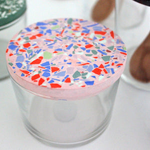 glasdose, zuckerdose, dose mit deckel, dose mit terrazzodeckel